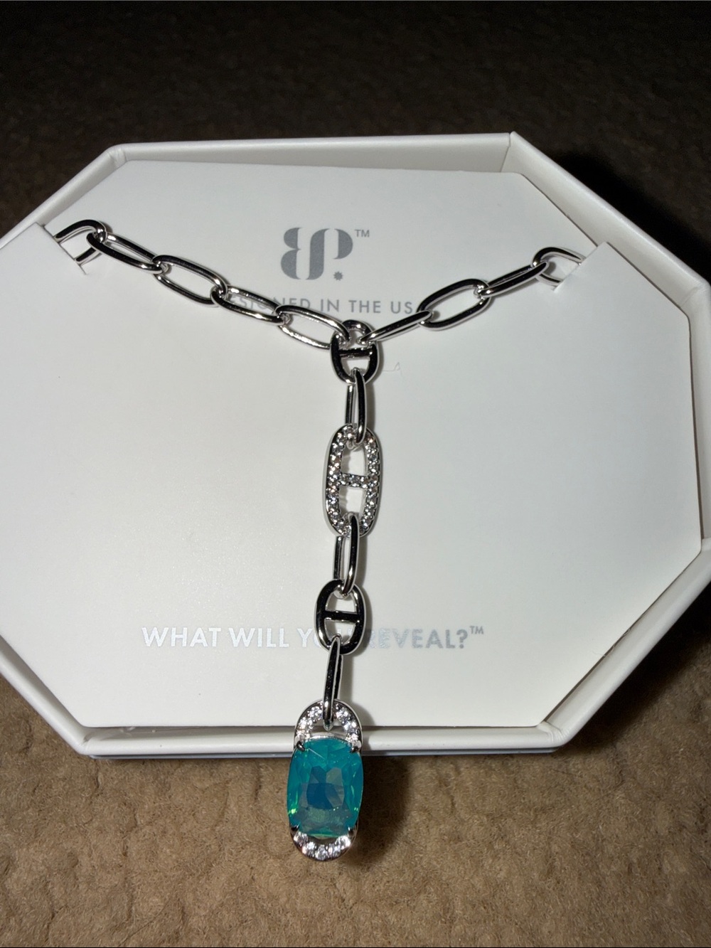 Silver Link Necklace with Teal Cushion Pendant